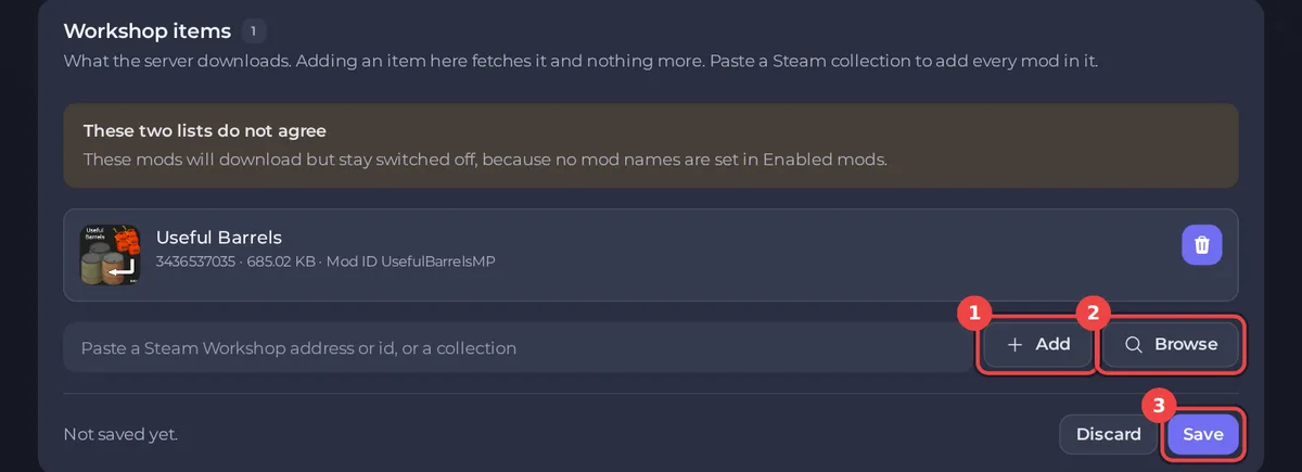 Workshop items list on the Project Zomboid Workshop tab with the Add and Browse buttons