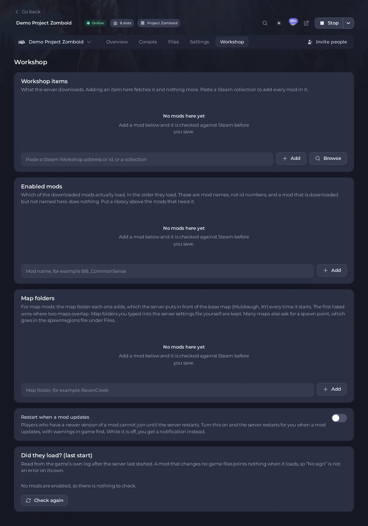 The Workshop tab of a Project Zomboid server with the three lists