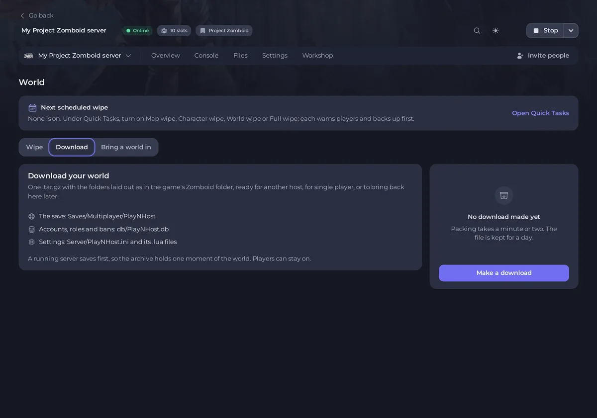تبويب التنزيل في صفحة العالم لسيرفر Project Zomboid مع زر إنشاء تنزيل