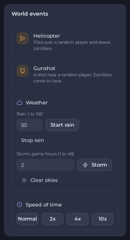 بطاقة World events في صفحة اللاعبين لسيرفر Project Zomboid