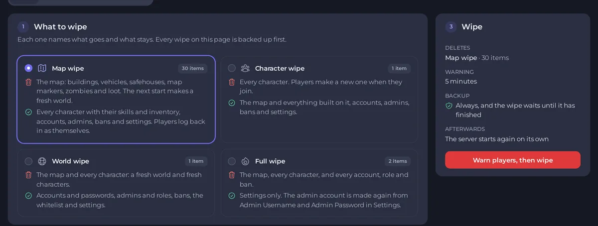 The four wipe cards on the World page of a Project Zomboid server