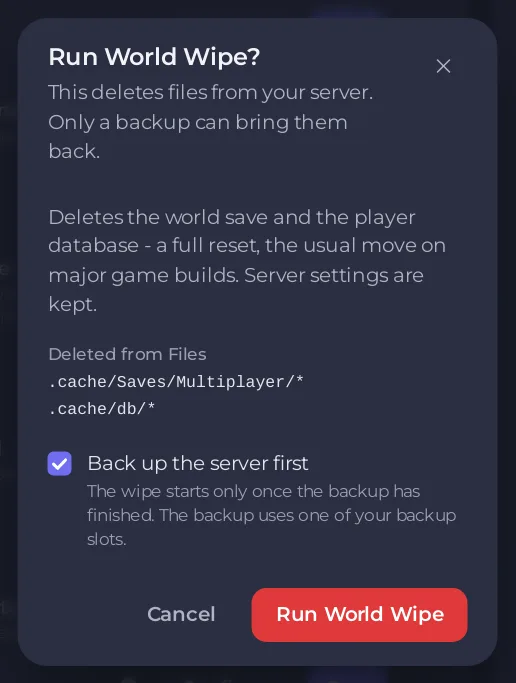 The Run World Wipe window with the list of deleted folders and the backup option
