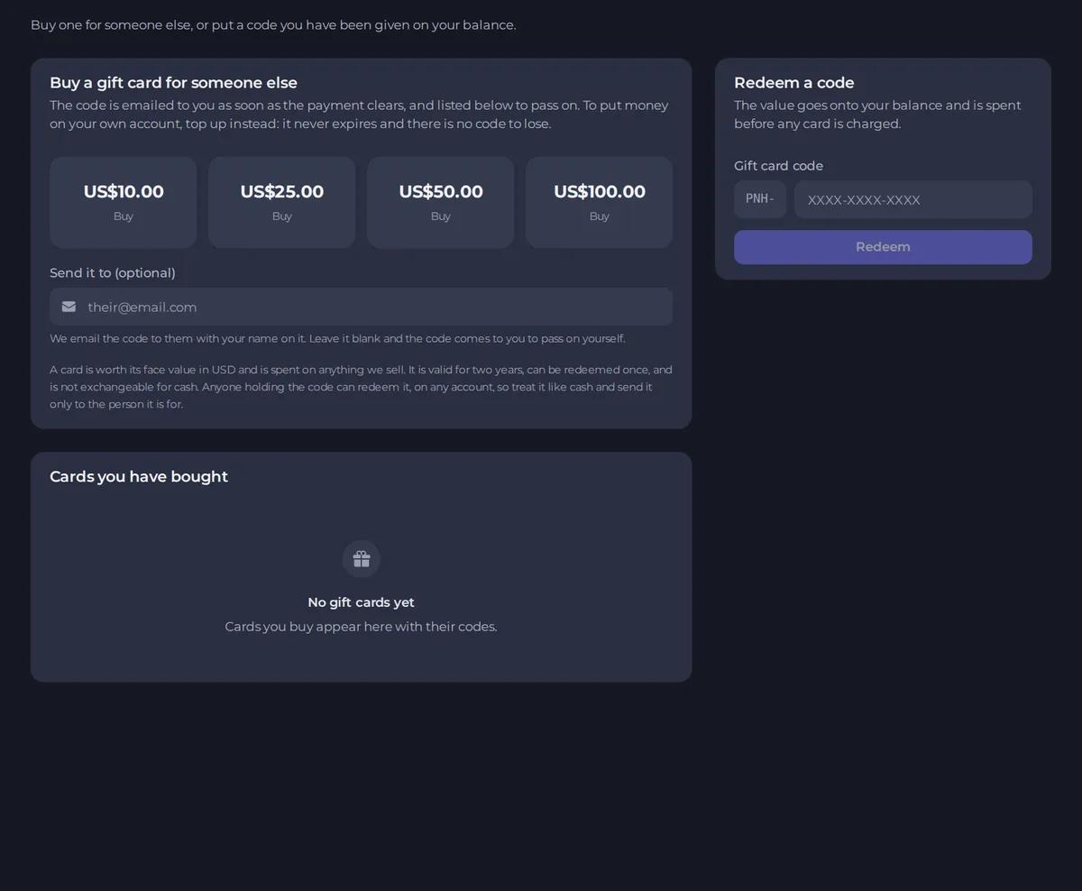 The Gift cards page with the amounts, the recipient field and the redeem box