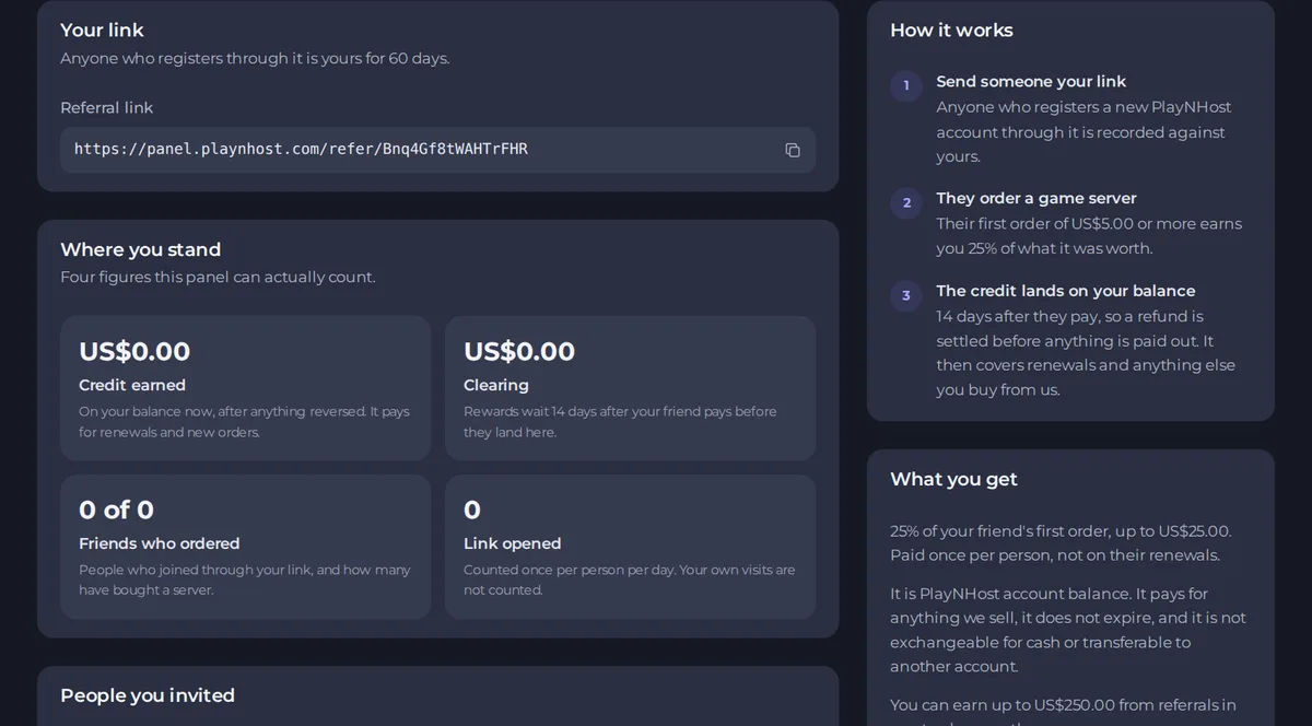 The Referrals page with your link, your figures and the list of people you invited