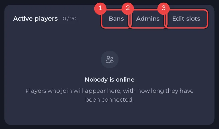 The Active players card of a Rust server with Bans, Admins and Edit slots