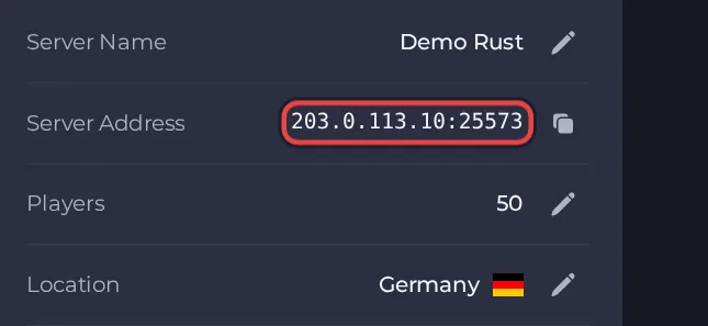 The Server Address row on the Overview page of a Rust server