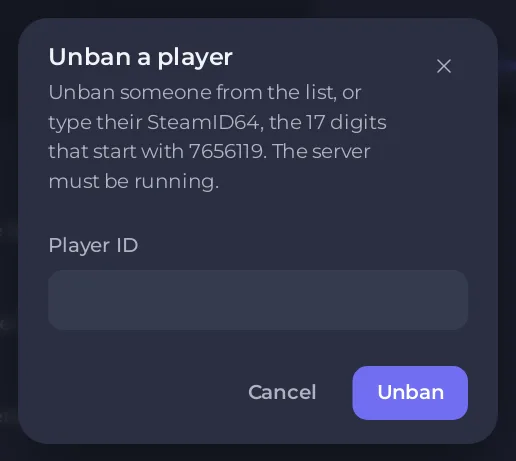 The Unban a player window with the Player ID box