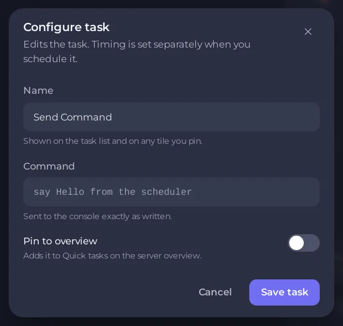 The Configure task window with Command and Pin to overview