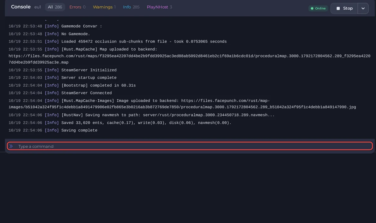 تبويب Console في سيرفر Rust مع صندوق الأوامر
