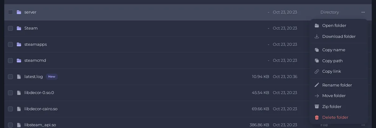 The file actions menu of a folder with Zip folder