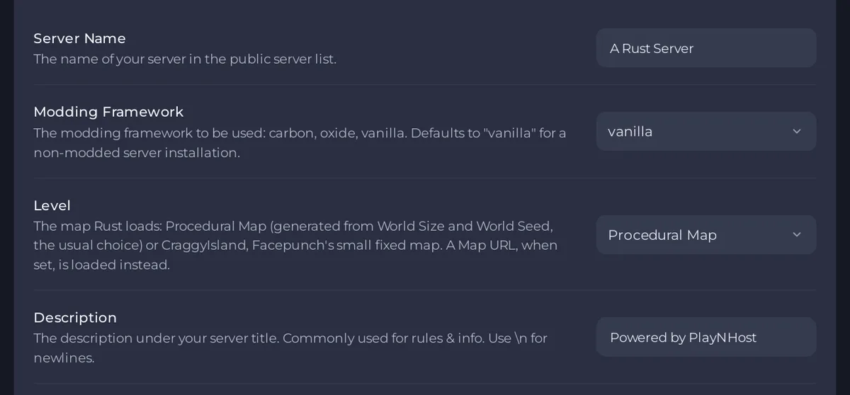 The Server Name and Description fields in Game Settings