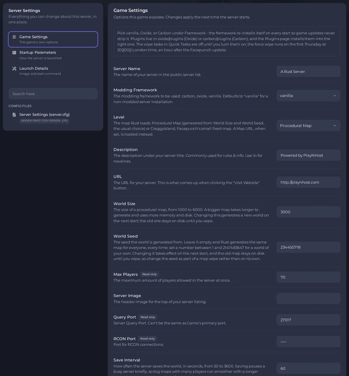 صفحة إعدادات اللعبة في سيرفر Rust