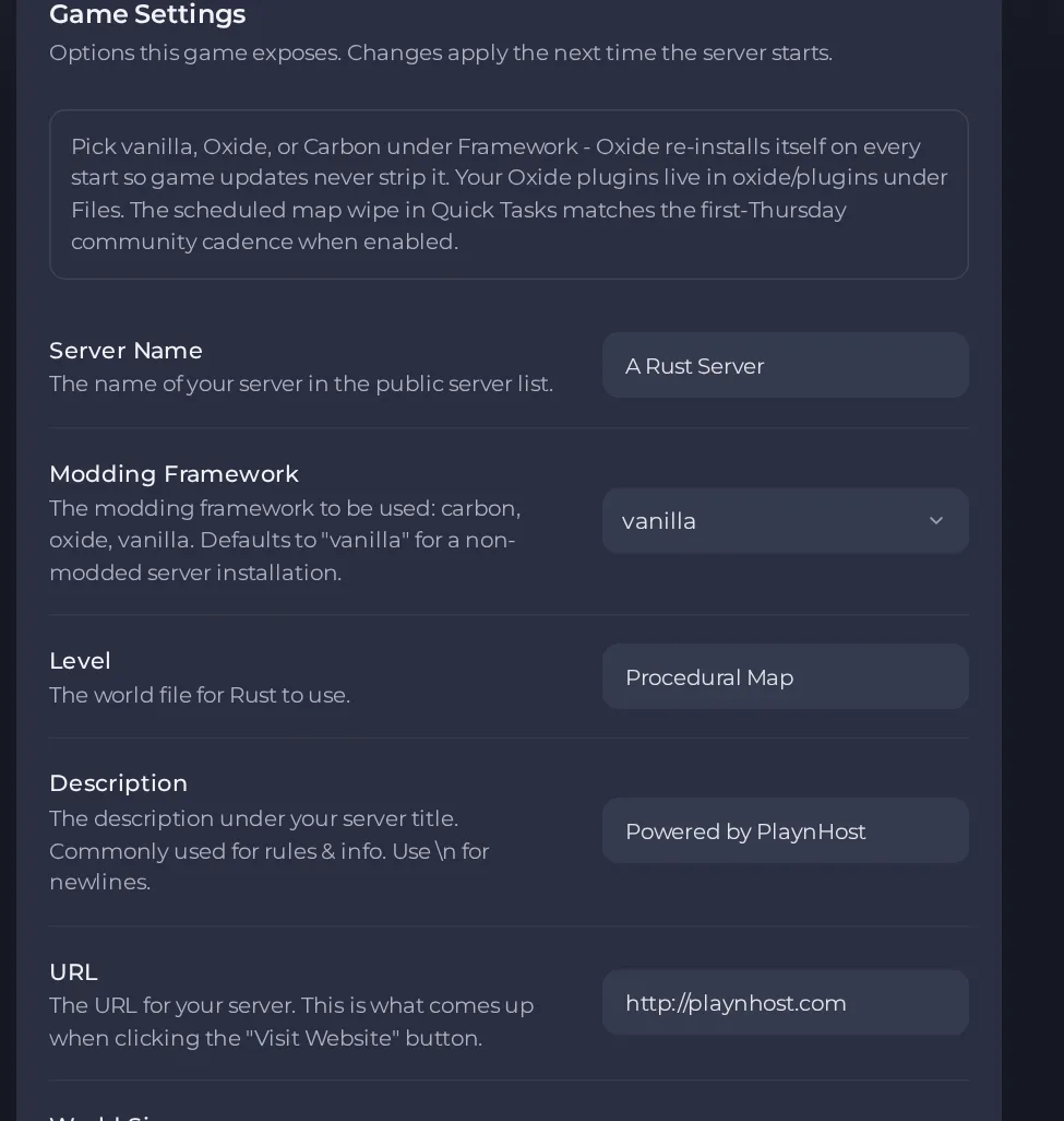 The Game Settings page of a Rust server in the panel