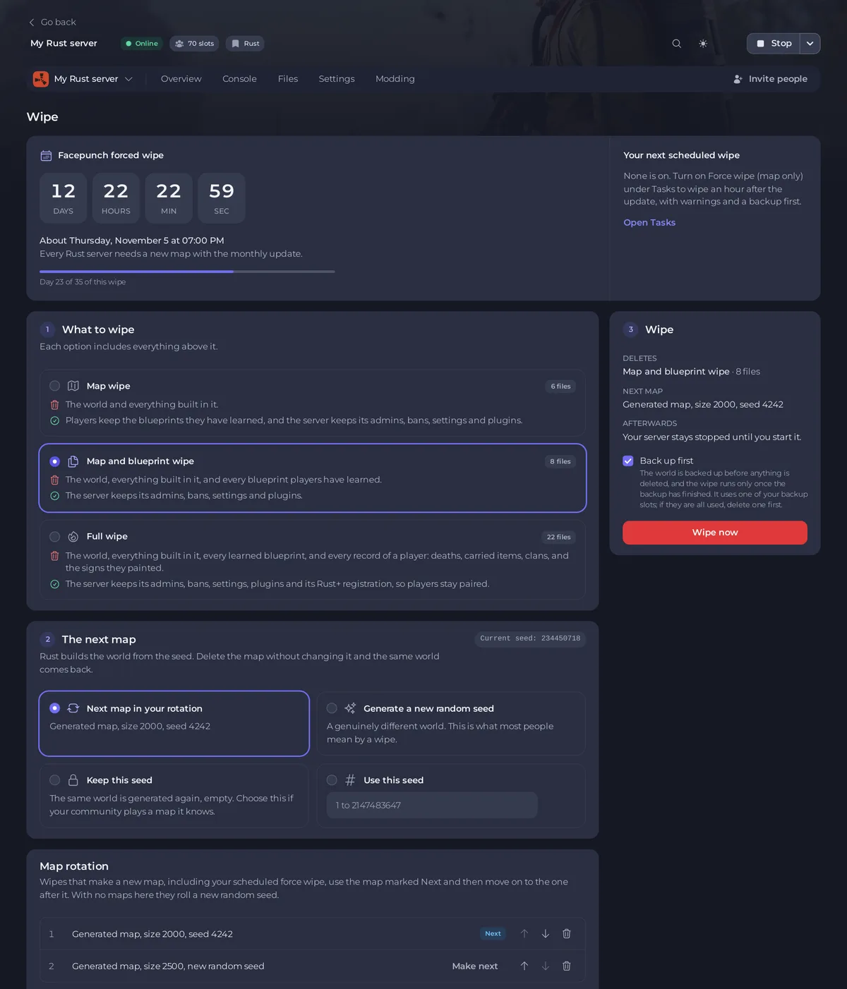 The Wipe page with Map and blueprint wipe chosen in step 1