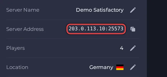 The Server Address row on the Overview page of a Satisfactory server