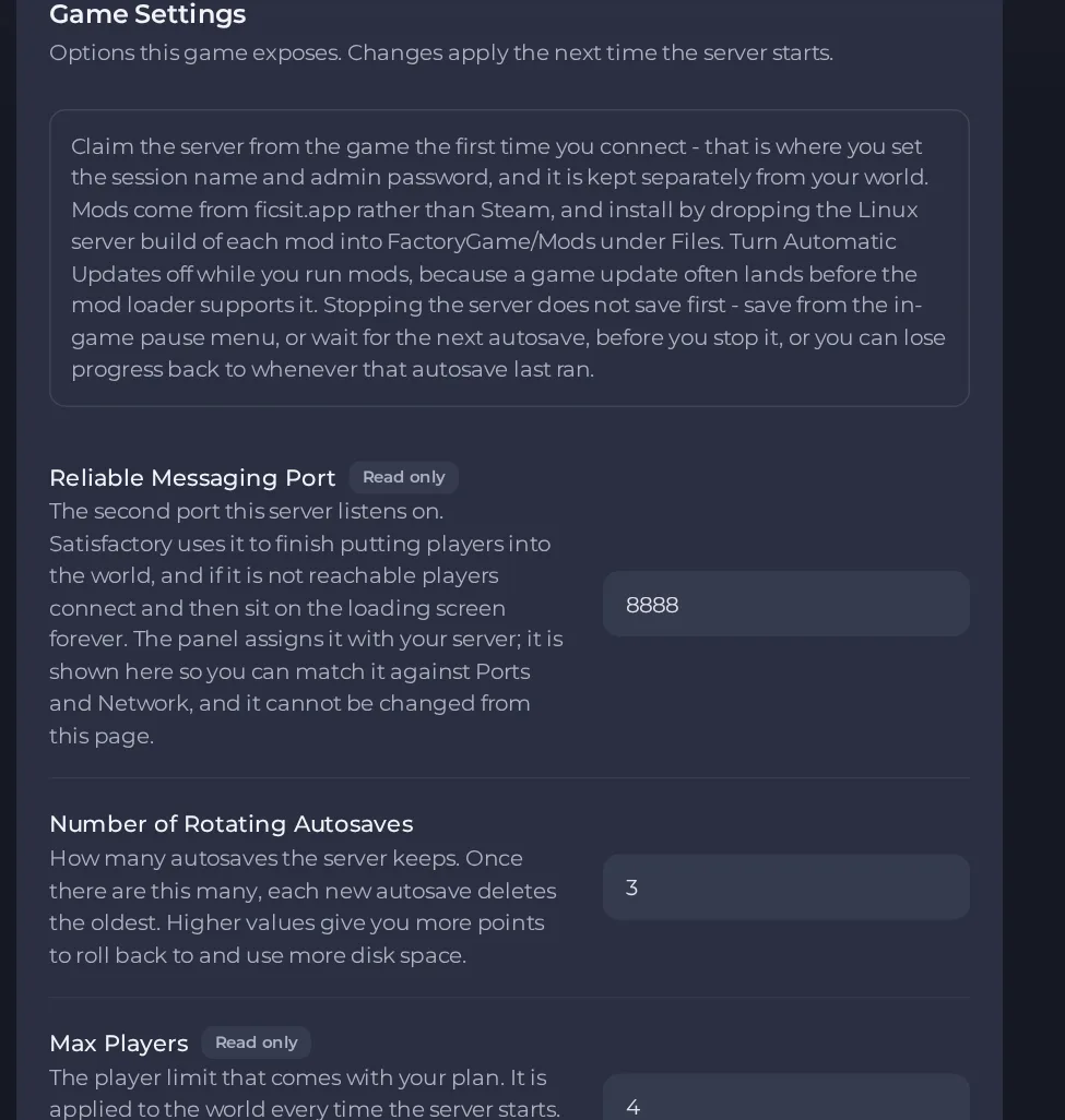 The Game Settings page of a Satisfactory server in the panel