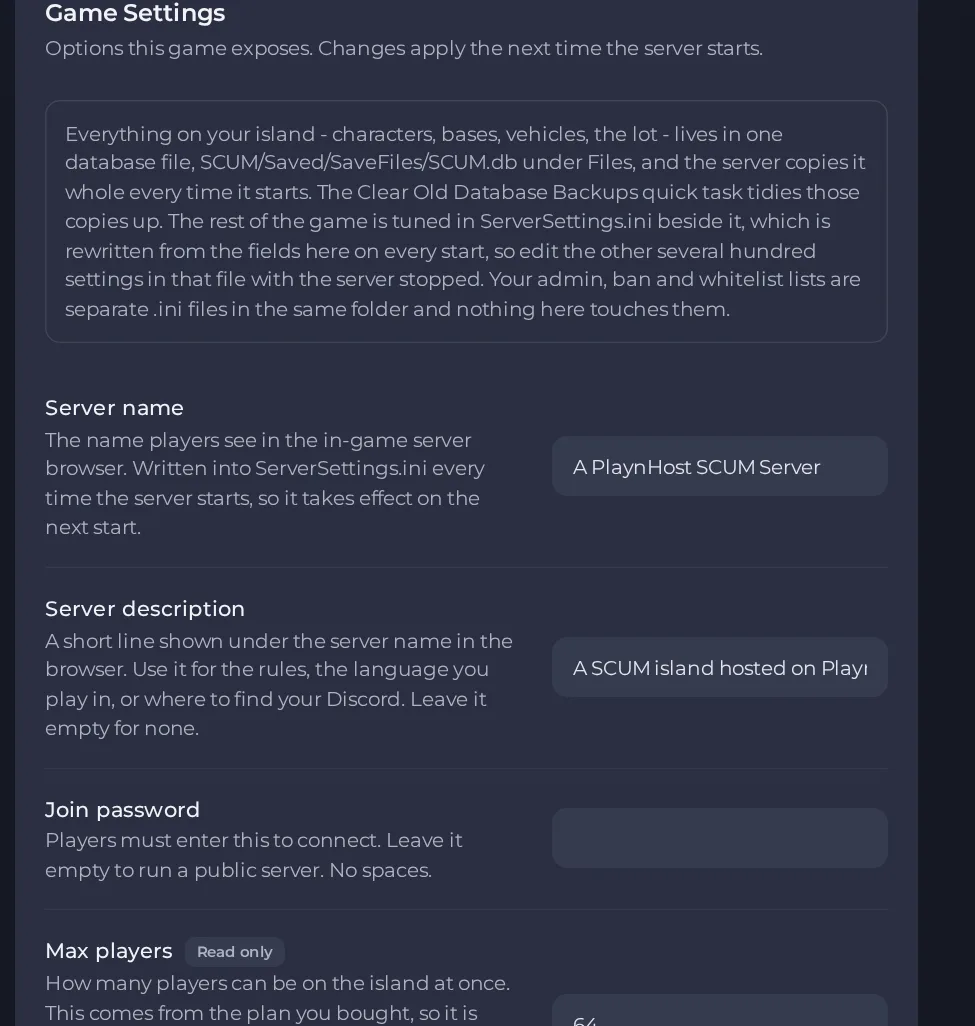 The Game Settings page of a SCUM server in the panel