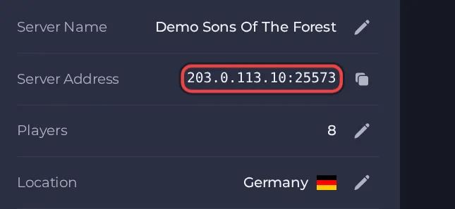 The Server Address row on the Overview page of a Sons of the Forest server