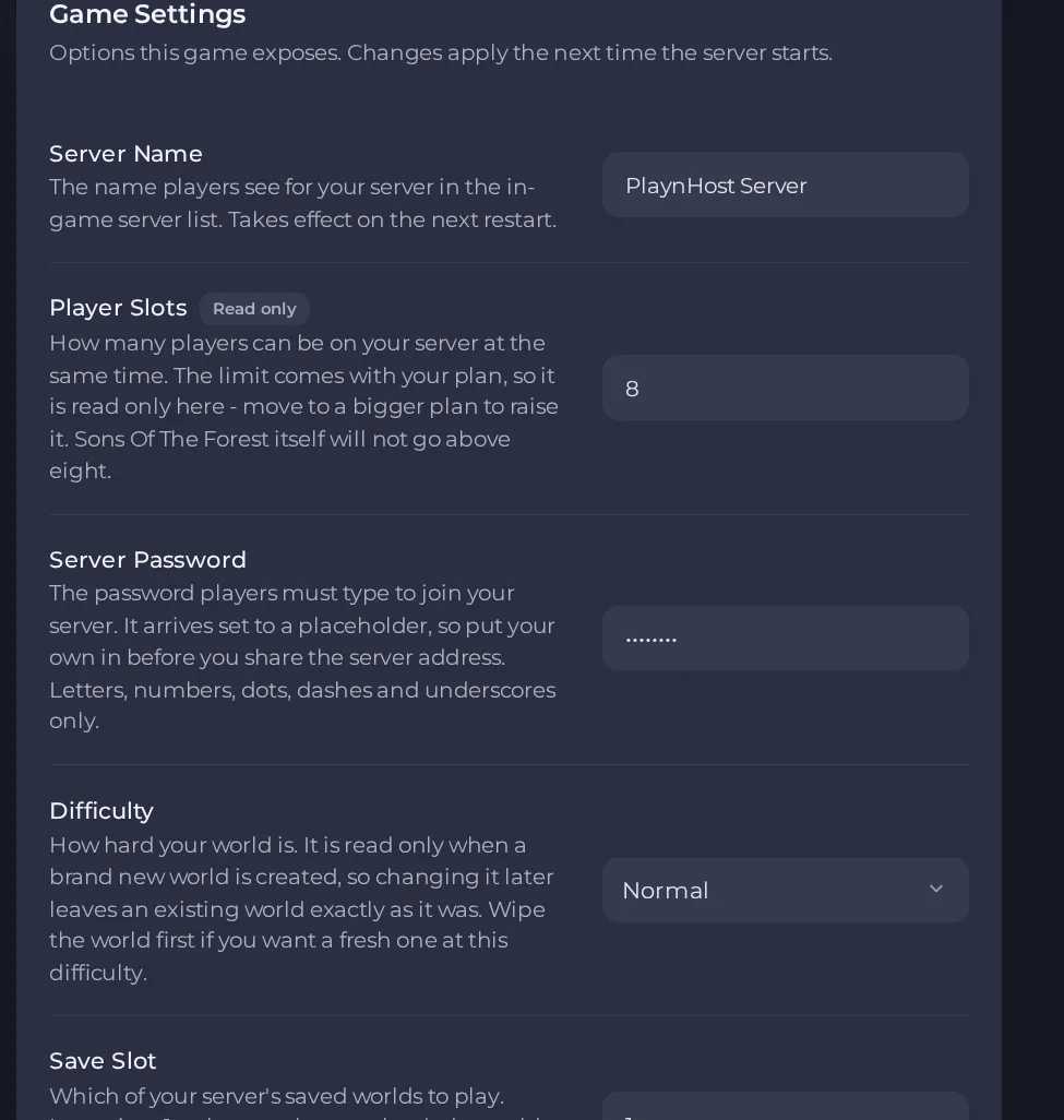 The Game Settings page of a Sons of the Forest server in the panel