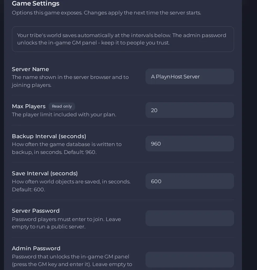 The Game Settings page of a Soulmask server in the panel