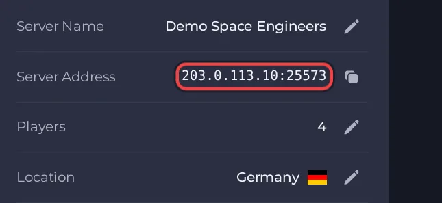The Server Address row on the Overview page of a Space Engineers server