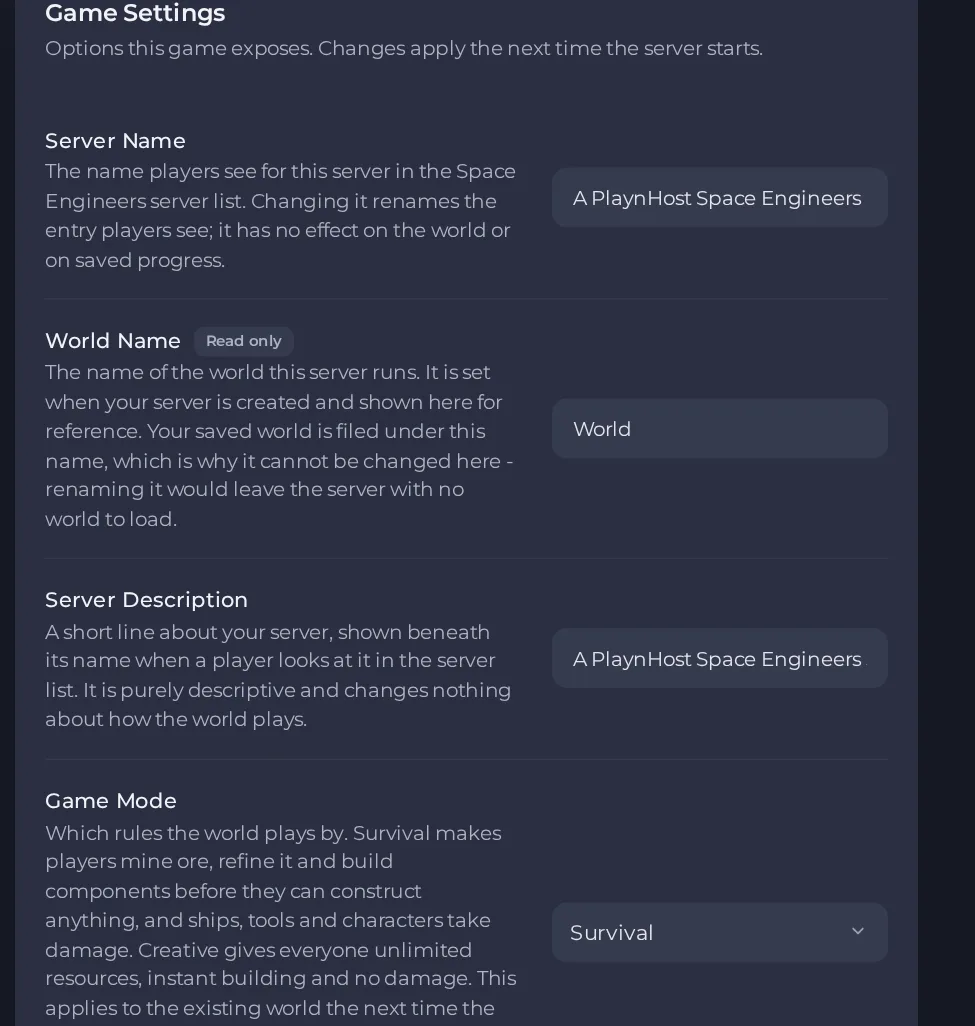The Game Settings page of a Space Engineers server in the panel