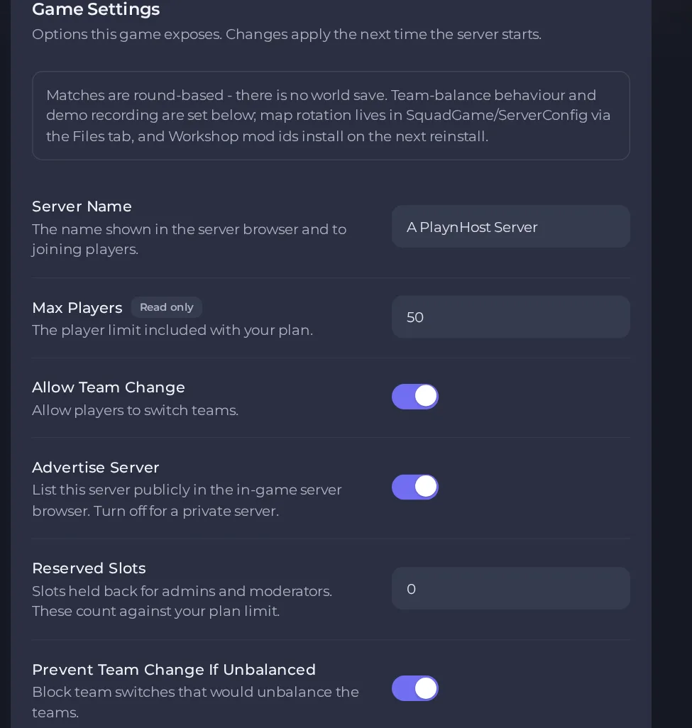 The Game Settings page of a Squad server in the panel
