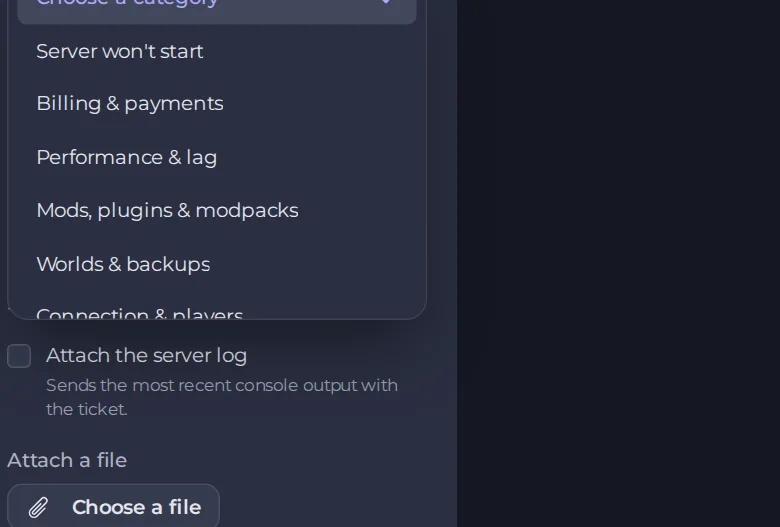The first categories in the list: Server won't start, Billing & payments, Performance & lag, Mods, plugins & modpacks and Worlds & backups