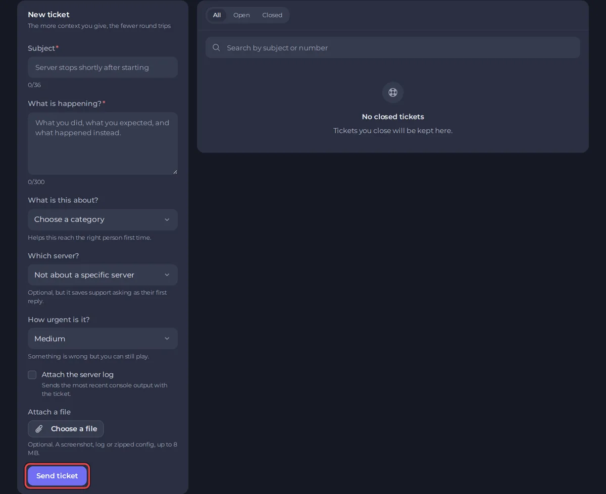 The new ticket form with subject, message, category, server, urgency and attachments