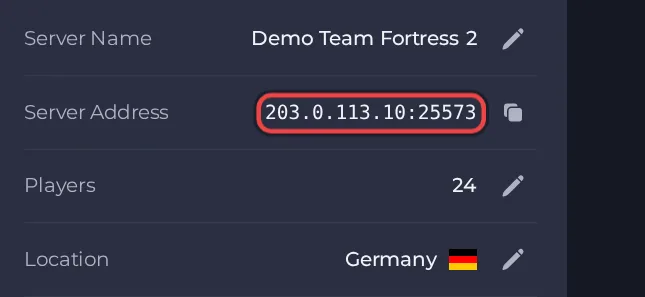 The Server Address row on the Overview page of a Team Fortress 2 server