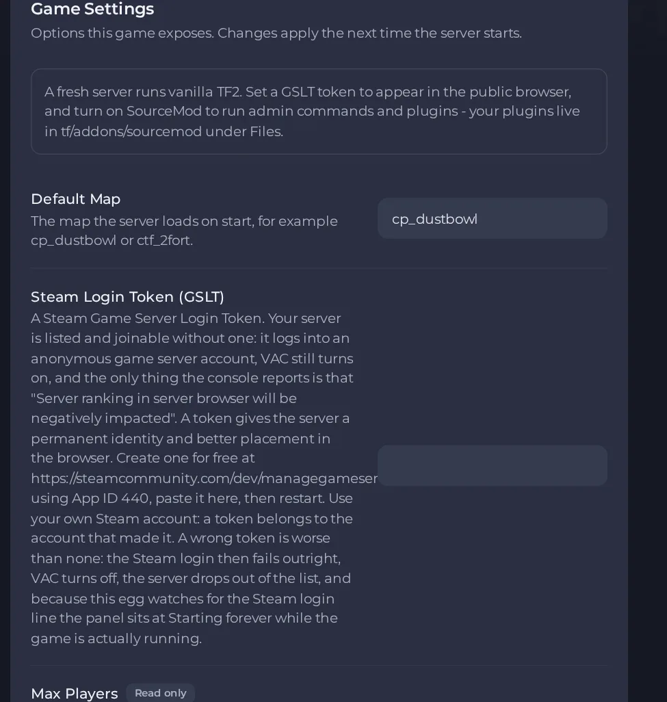 The Game Settings page of a Team Fortress 2 server in the panel