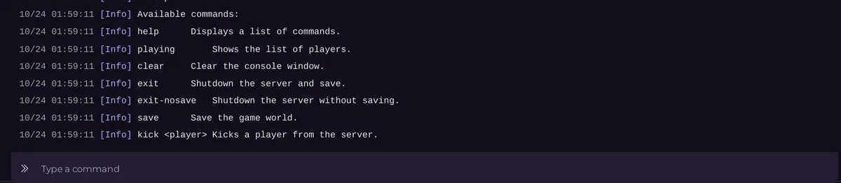 Console serwera Terraria po komendzie help