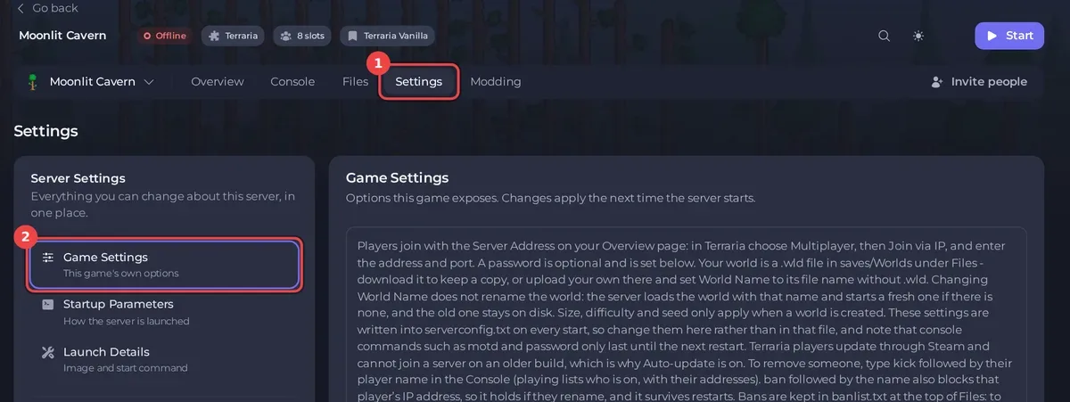 Der Tab Einstellungen mit ausgewählten Spieleinstellungen