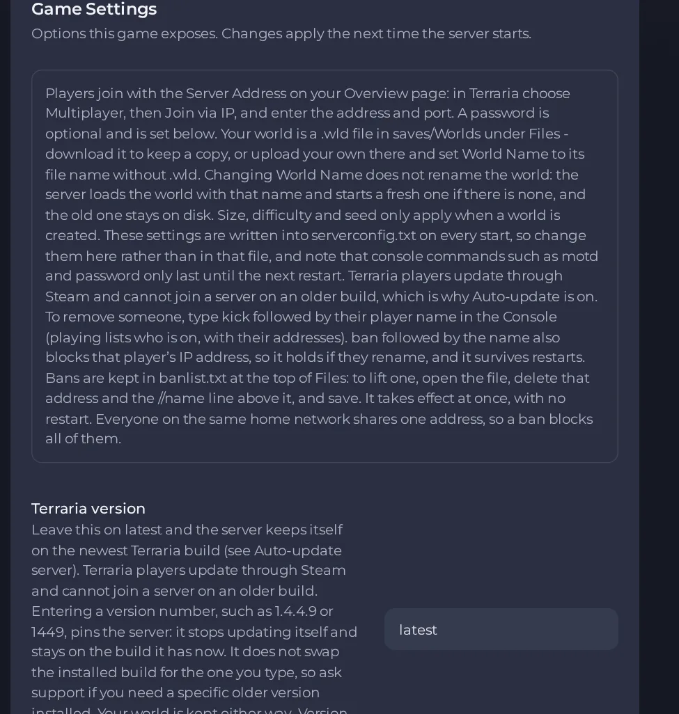 Die Seite Spieleinstellungen eines Terraria-Servers