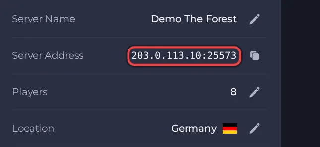 The Server Address row on the Overview page of The Forest server