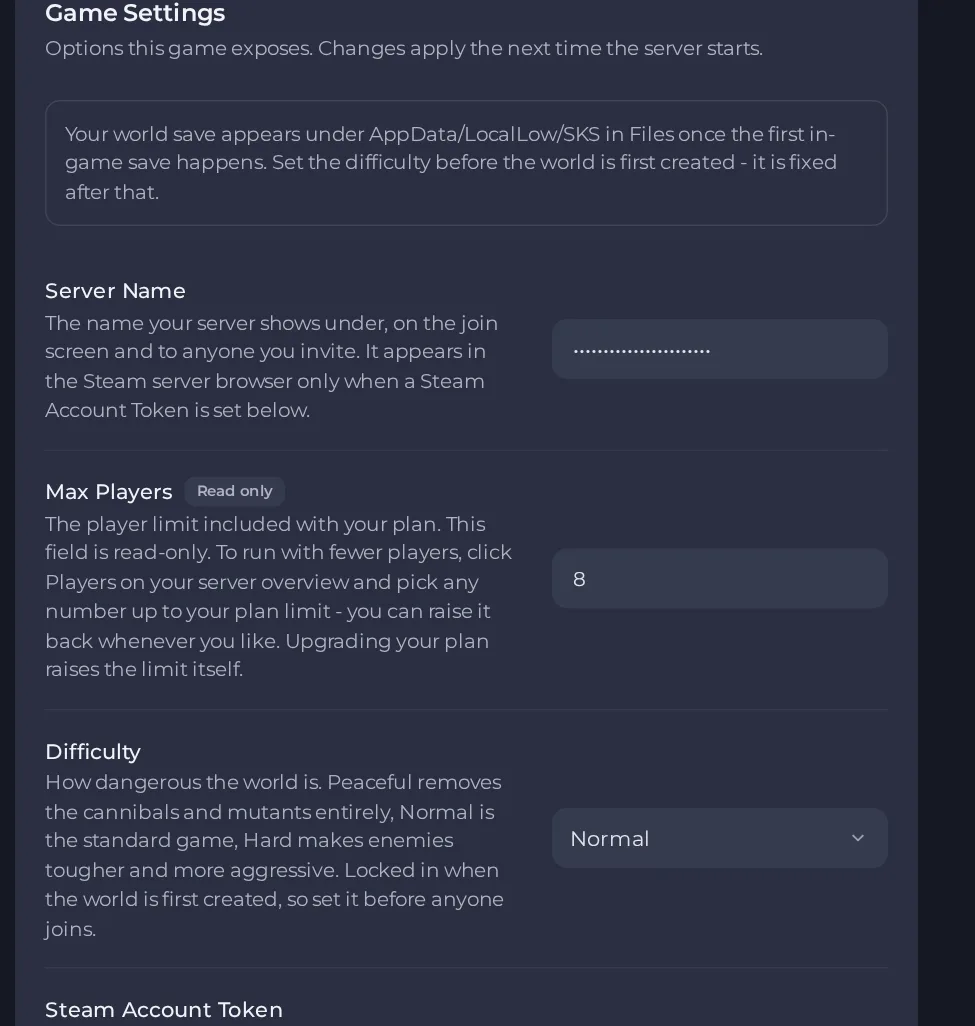 The Game Settings page of The Forest server in the panel