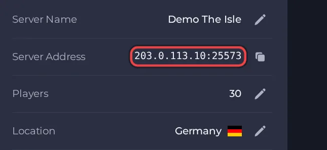 The Server Address row on the Overview page of The Isle server