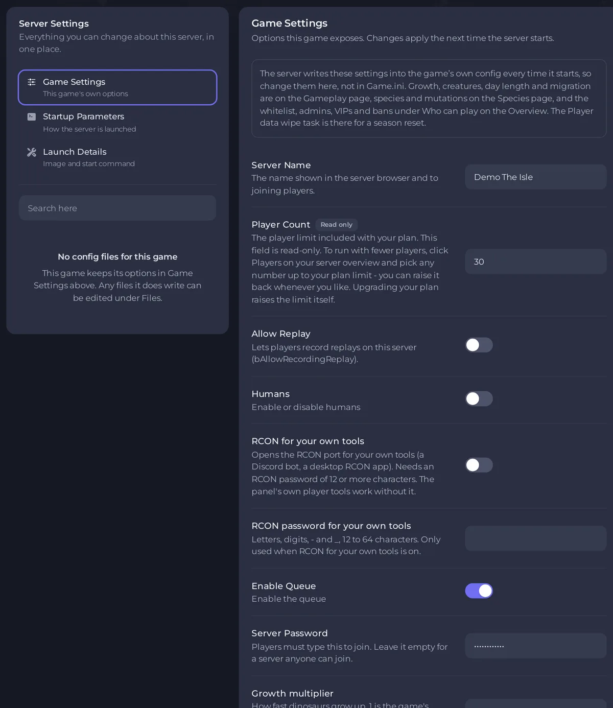 The Game Settings of a The Isle server with Server Name and Server Password