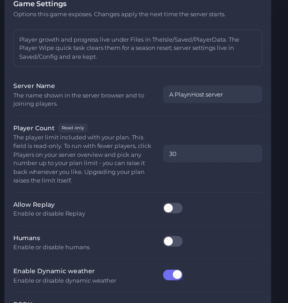 The Game Settings page of The Isle server in the panel