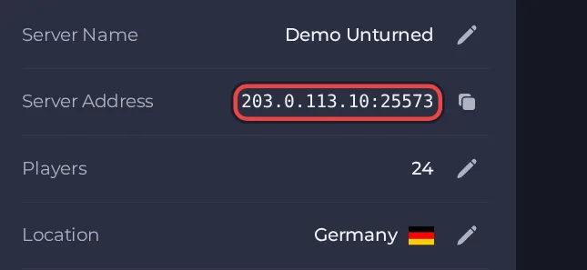 The Server Address row on the Overview page of an Unturned server