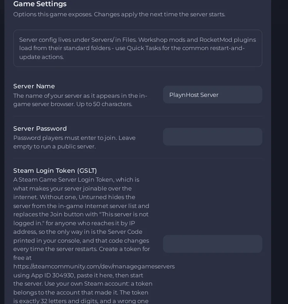 The Game Settings page of an Unturned server in the panel