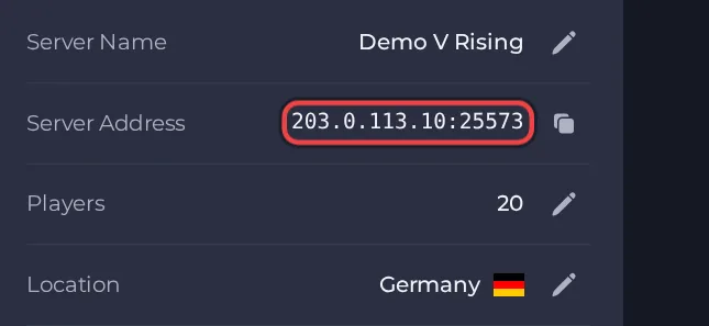 The Server Address row on the Overview page of a V Rising server