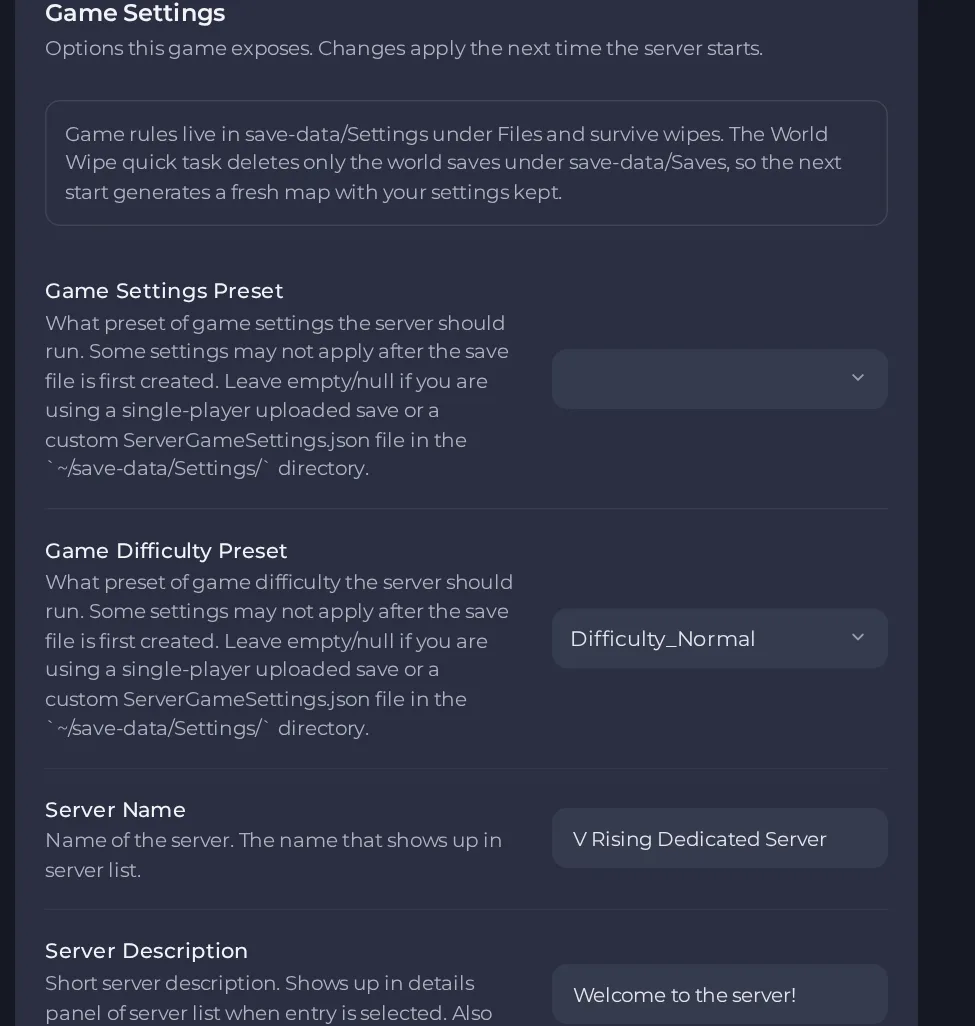 The Game Settings page of a V Rising server in the panel