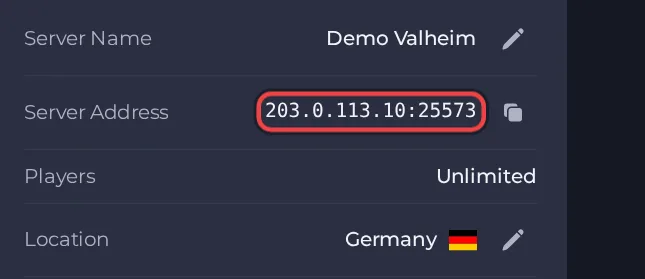 The Server Address row on the Overview page of a Valheim server