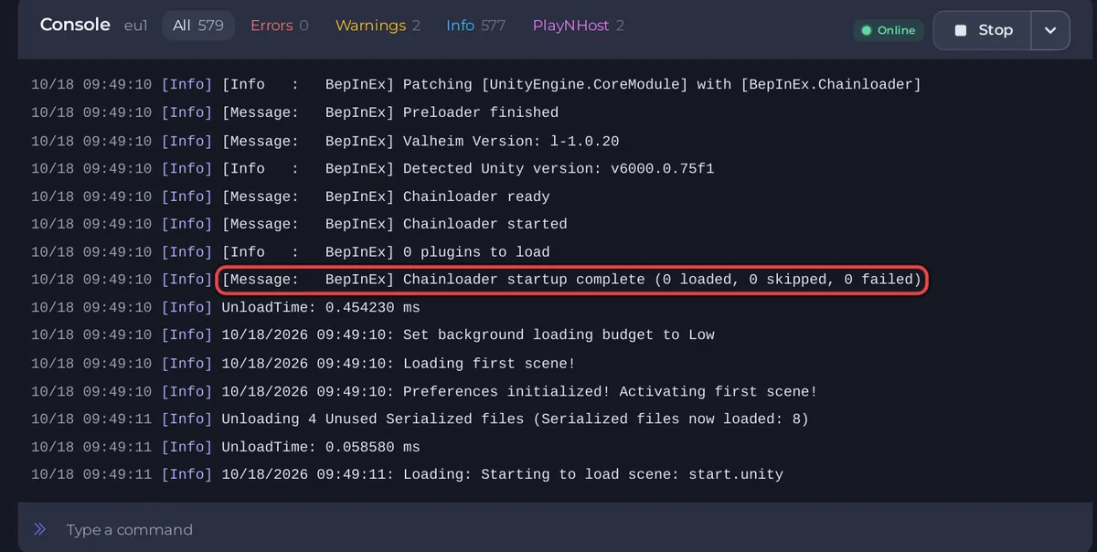 Console mostrando las líneas de instalación de mods y las líneas de BepInEx