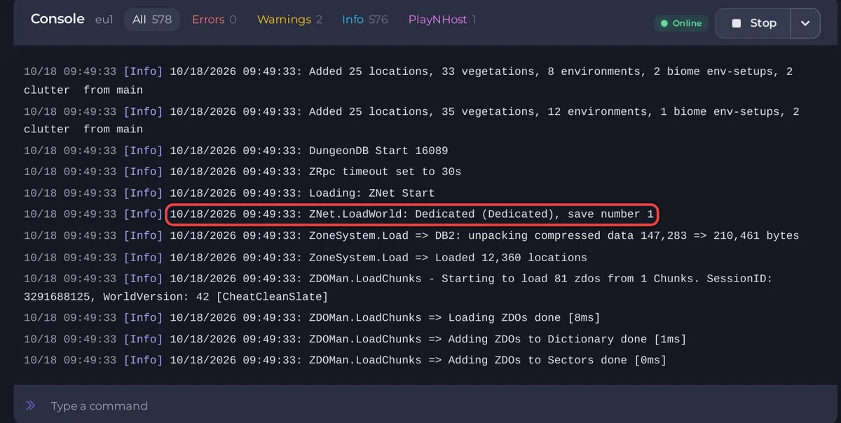 Console يعرض سطر ZNet.LoadWorld لعالم حُمِّل