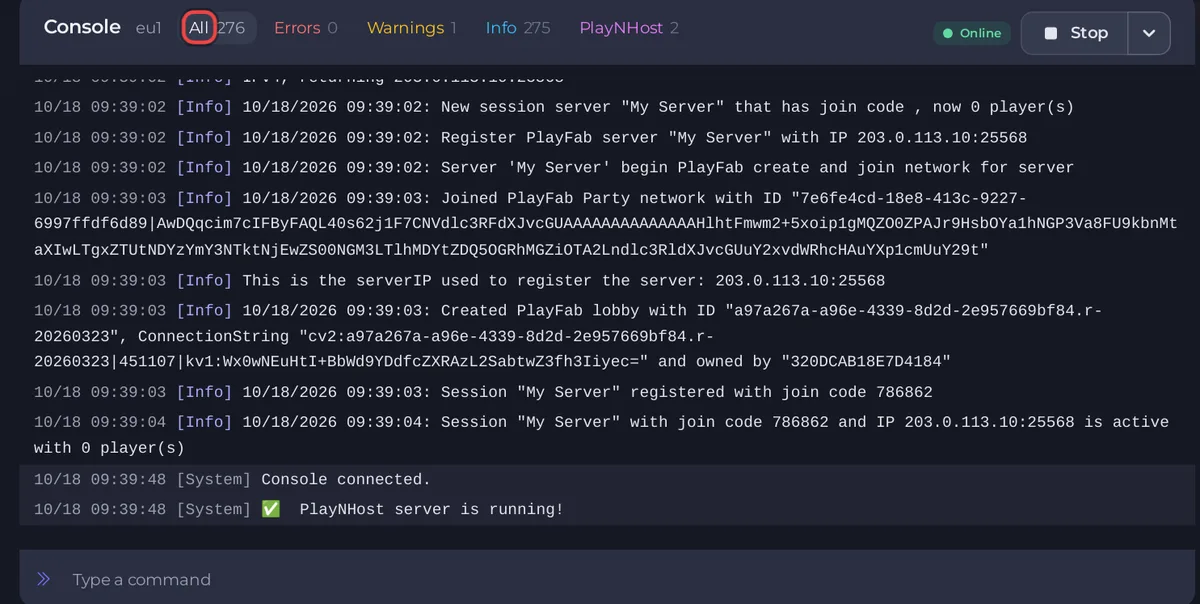 تبويب Console في سيرفر Valheim مع أزرار المرشحات وأيقونة البحث