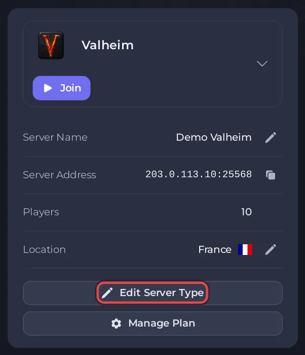 Le bouton Modifier le type de serveur sur la page Aperçu