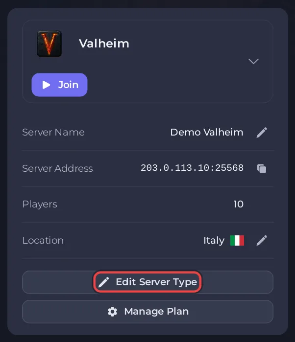 Il pulsante Modifica tipo di server nella pagina Panoramica
