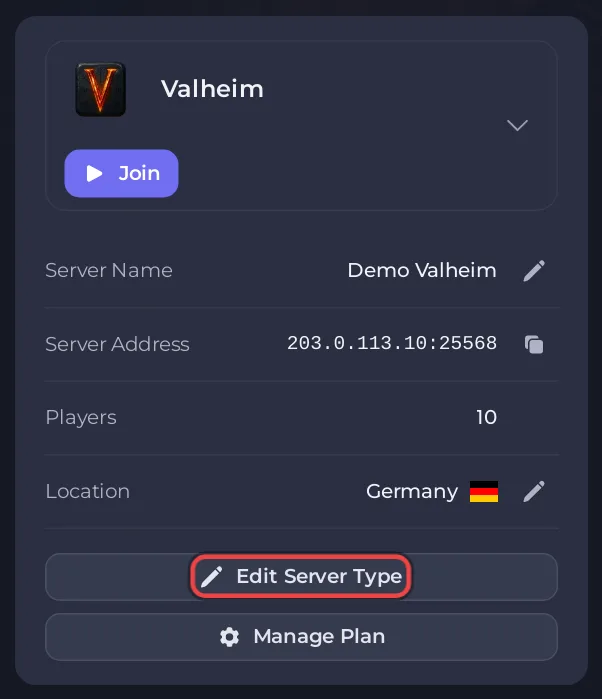 The Edit Server Type button on the Overview page